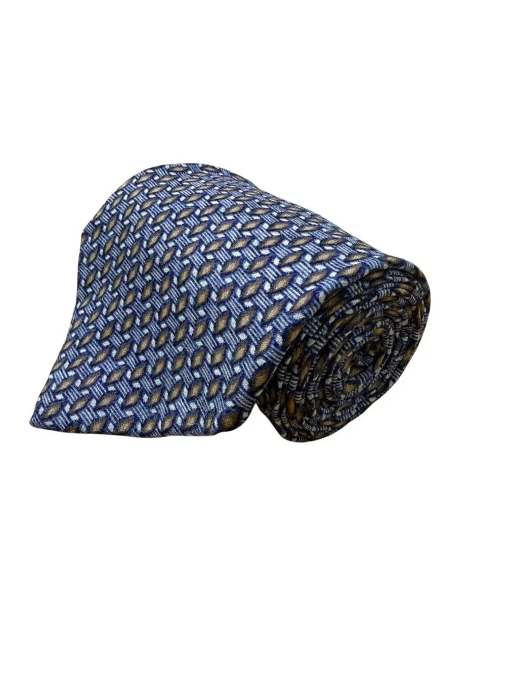Perry Ellis Portfolio Mens Blue & Gold 100% Silk Geometric Pattern Necktie